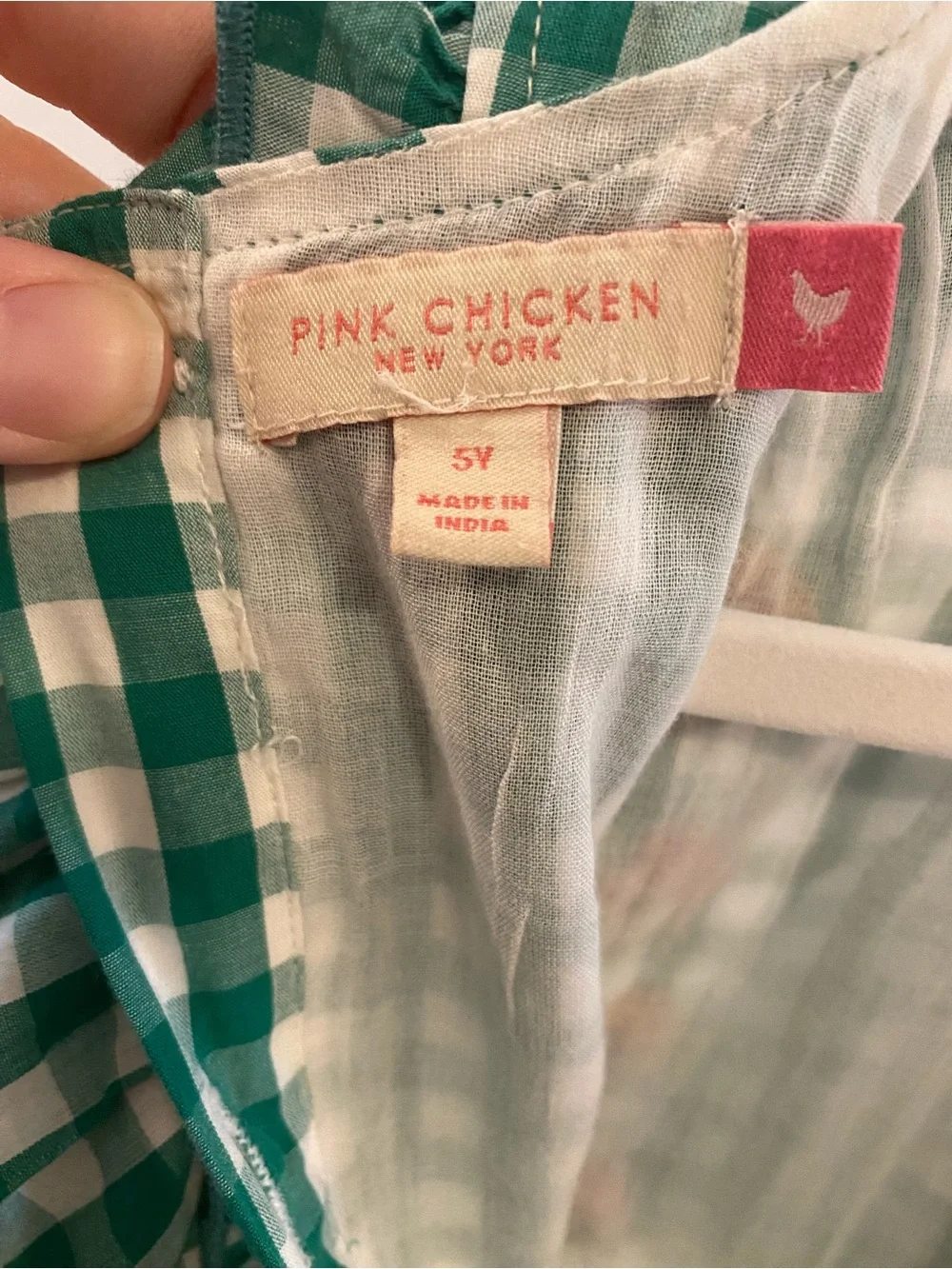 Pink chicken girls Green Gingham Embroidered Puff Sleeve Dress - size 5